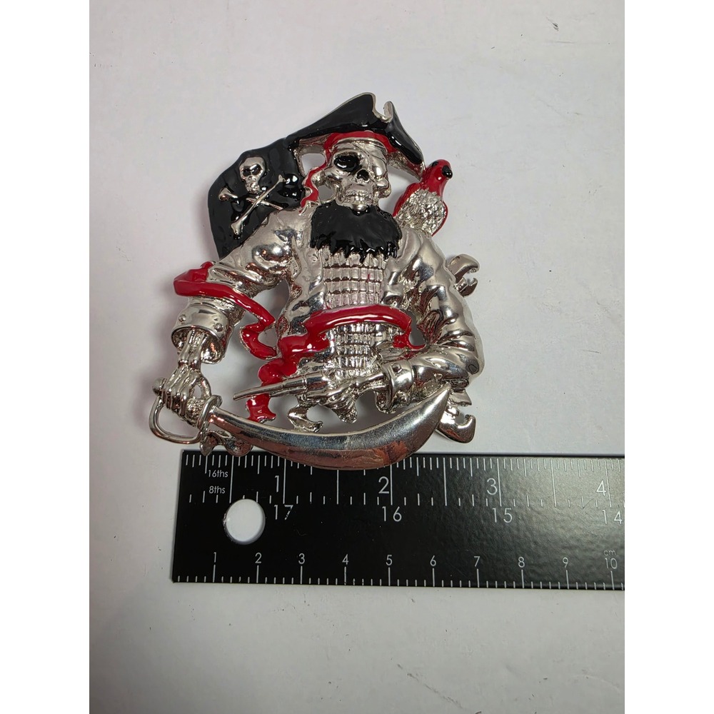 Vintage Skeleton Pirate Belt Buckle Silver Tone Enamel Jolly Roger Parrot Goth